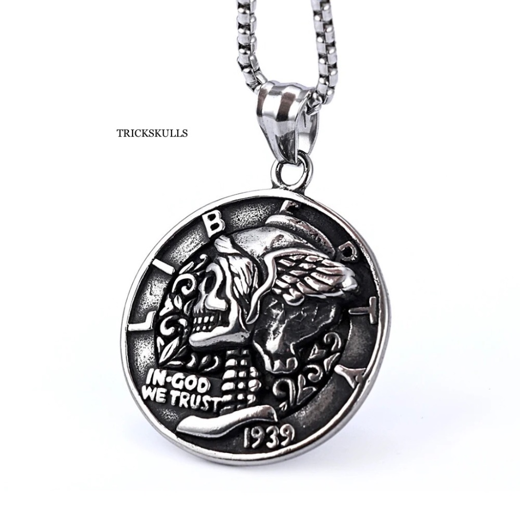 Skull Coin Charm Pendant Punk Gothic Biker Retro Vintage Streetwear Box Chain 22$